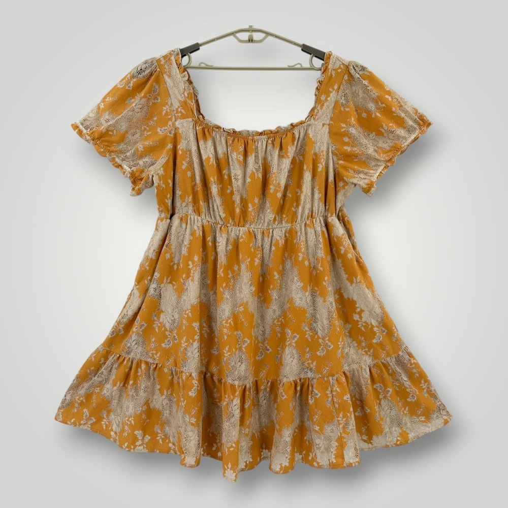 Torrid Yellow Floral Lace‎ Dress Womens 4X Flutter Sleeve Square Neck Lined